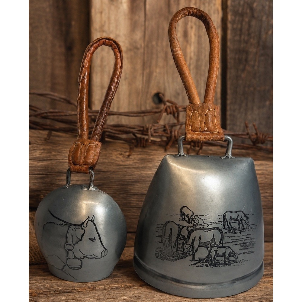 2 Silver Pewter ? Cow Bull Horse Bells Etched Rustic Design w/Leather Straps